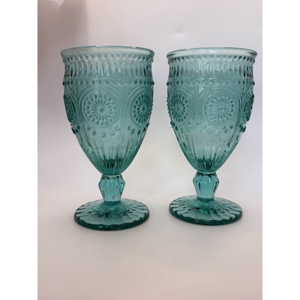 Set of 2 Pioneer Woman Turquoise Adeline 12 oz Stemmed Glasses 6.5" Teal Goblets